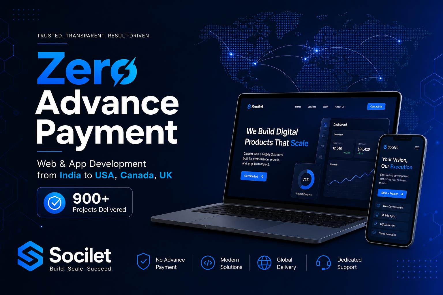 Zero Advance Payment Web & App Development | India to USA/Canada | Socilet